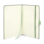 Caderno de couro sintético de aspecto original, folhas A5 pautadas cor verde oliva quarta vista