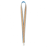 Lanyard de poliéster e cortiça com mosquetão personalização total cor azul sétima vista