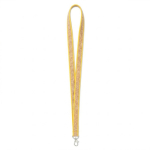 Lanyard de poliéster e cortiça com mosquetão personalização total cor amarelo sétima vista