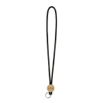 Lanyard tubular poliéster detalhe circular bambu personalização total cor preto vista principal