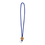 Lanyard tubular poliéster detalhe circular bambu personalização total cor azul elétrico vista principal