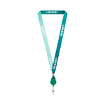 Lanyard porta-credenciais rPET detalhe metálico personalização total cor verde garrafa terceira vista