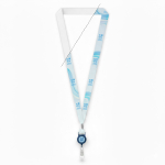 Lanyard porta-credenciais rPET detalhe metálico personalização total cor azul ultramarino vista principal