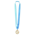 Medalha de madeira com fita cosida em V personalização total cor branco
