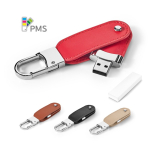 Pen USB de couro PU com mosquetão de gancho personalização total cor vermelho na caixa