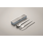 Conjunto de talheres de aço inoxidável em estojo de plástico cor azul-claro vista fotografia quinta vista