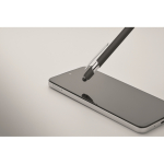 Caneta de alumínio reciclado com acabamento de borracha, tinta azul cor preto vista fotografia quinta vista