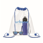 Saco de cordão de plástico transparente cor azul real vista principal quarta vista