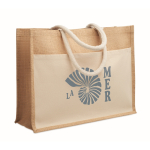 Saco térmico de juta com bolso frontal e asas de cordão 280 g/m2 cor bege segunda vista principal