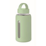 Garrafa de vidro borossilicato com manga de silicone 600 ml cor verde menta