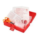 Kit de primeiros socorros, caixa de plástico, fecho clipe e 15 artigos primeira vista