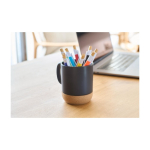 Caneta de plástico com botão de bambu e clipe branco, tinta azul oitava vista