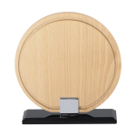 Placa troféu redonda de madeira com base de vidro preto cor natural primeira vista