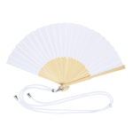 Leque de poliéster com varetas de bambu e cordão de transporte cor branco primeira vista