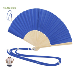 Leque de poliéster com varetas de bambu e cordão de transporte