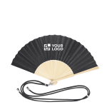 Leque de poliéster com varetas de bambu e cordão de transporte vista principal