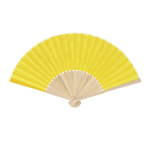 Leque com varetas de bambu e tecido de poliéster colorido cor amarelo primeira vista