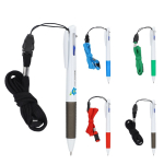 Caneta com pega e cordão para chaves com tinta azul, preta e vermelha