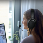 Auscultadores com almofadas macias e microfone com função de silêncio cor preto oitava vista