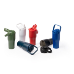 Garrafa térmica em aço inox reciclado com abertura por botão 550 ml cor vermelho vista detalhe 4