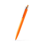 Esferográfica com clipe metálico e botão de bambu, tinta azul cor amarelo primeira vista de uso