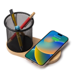 Porta-lápis multifunções com carregamento sem fios 15W e bambu cor natural vista detalhe 1