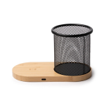 Porta-lápis multifunções com carregamento sem fios 15W e bambu cor natural vista detalhe 3