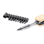 Ferramenta multifunções 5 em 1 com corpo em bambu e aço inoxidável cor natural vista detalhe 4