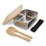 Lancheira de aço inox com tampa de bambu, talheres e fecho elástico cor prateado segunda vista