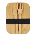 Lancheira de aço inox com tampa de bambu, talheres e fecho elástico cor prateado terceira vista