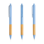 Caneta com clip translúcido e zona de pega em bambu, tinta preta cor azul-claro