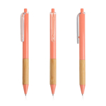 Caneta com clip translúcido e zona de pega em bambu, tinta preta cor cor-de-rosa claro