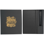 Conjunto de oferta com caderno de capa dura e caneta de tinta preta cor preto segunda vista impressão serigrafia