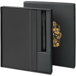 Conjunto de oferta com caderno de capa dura e caneta de tinta preta cor preto vista impressão serigrafia