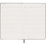 Agenda de papel com aspeto de pele, vista diária e capa dura Moleskine cor verde quarta vista