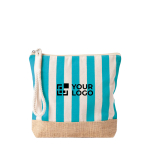 Necessaire às riscas em algodão e juta com cordão no puxador cor azul vista principal