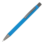 Esferográfica de alumínio com toque suave, corpo esguio e tinta preta cor azul-claro