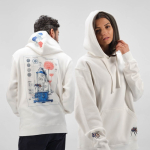 Sweatshirt unissexo com capuz em algodão orgânico 340g/m² Tulum cor branco vista de ambiente 