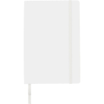 Caderno A5 em PU reciclado com fecho elástico e folhas pautadas cor branco primeira vista