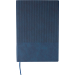 Caderno A5 em PU reciclado capa dura acabamento tipo bombazina folhas pautadas cor azul primeira vista