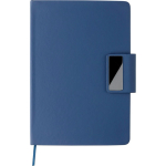 Conjunto A5 de caderno em pele sintética com caneta e folhas pautadas cor azul primeira vista