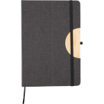 Caderno A5 em RPET e bambu com suporte para telemóvel, folhas pautadas cor preto primeira vista