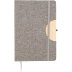Caderno A5 em RPET e bambu com suporte para telemóvel, folhas pautadas cor cinzento primeira vista