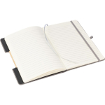 Caderno A5 em RPET e bambu com suporte para telemóvel, folhas pautadas quarta vista