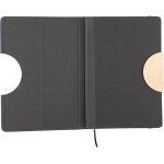 Caderno A5 em RPET e bambu com suporte para telemóvel, folhas pautadas sexta vista