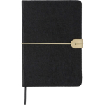 Caderno A5 em feltro reciclado com fecho em pele sintética e folhas pautadas cor preto primeira vista