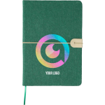 Caderno A5 em feltro reciclado com fecho em pele sintética e folhas pautadas primeira vista