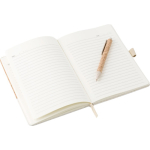 Caderno de cortiça e linho com caneta de tinta azul e folhas pautadas terceira vista
