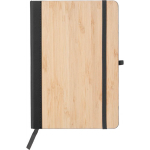 Caderno A5 em bambu e PU com fecho elástico e folhas pautadas cor preto primeira vista