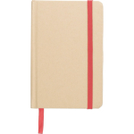 Caderno A6 em cartão reciclado com marcador e folhas pautadas cor vermelho primeira vista